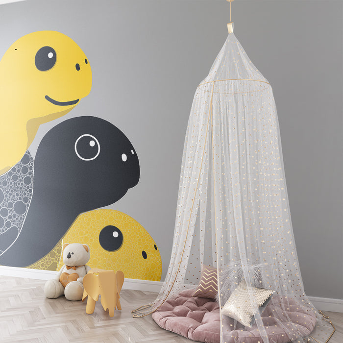 Papel de parede quarto bebê | Tartarugas coloridas em fundo cinza