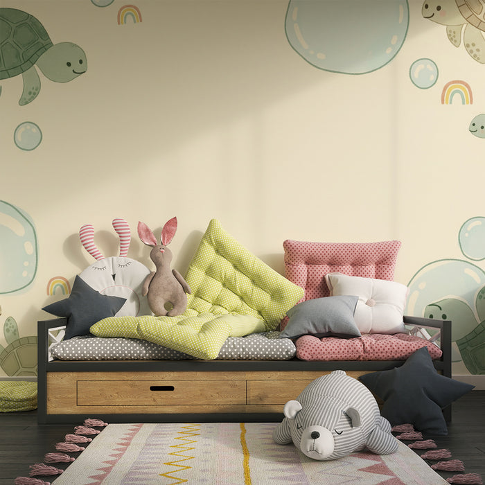 Papel de parede quarto bebê | Tartarugas felizes e bolhas coloridas