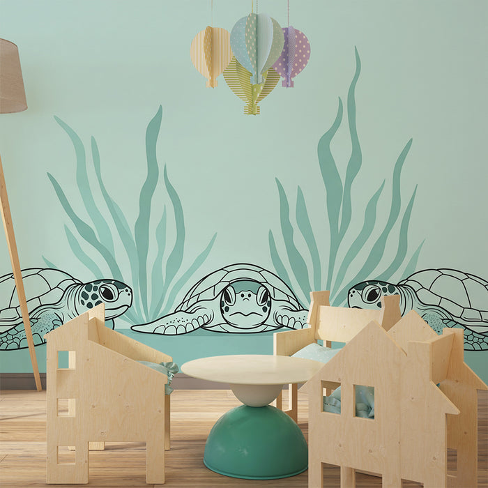 Tapet pentru camera copilului | Broaște țestoase marine și alge într-un decor liniștitor