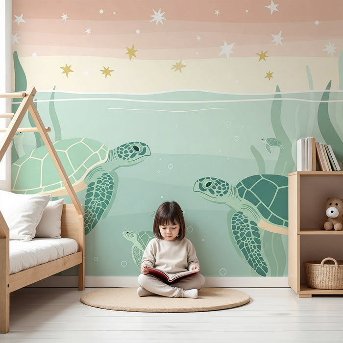 Papel de parede quarto bebê | Tartarugas marinhas nadando entre as algas sob um céu estrelado