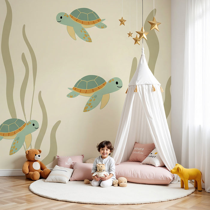 Papel pintado para habitación infantil | Tortugas adorables nadando entre algas