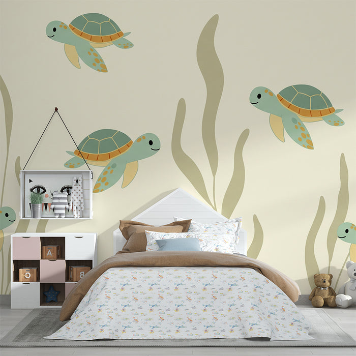 Papel pintado para habitación infantil | Tortugas adorables nadando entre algas