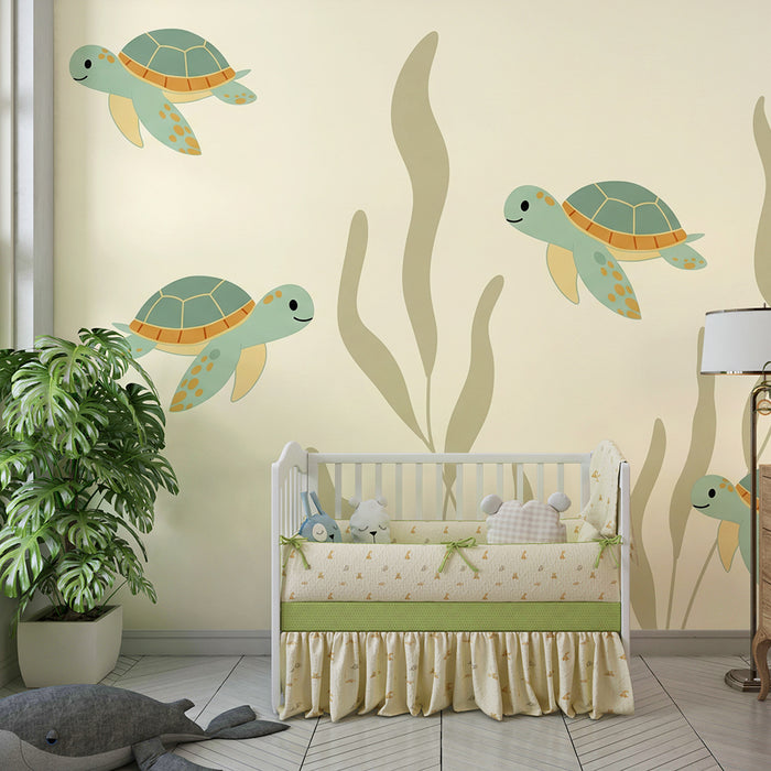 Papel pintado para habitación infantil | Tortugas adorables nadando entre algas