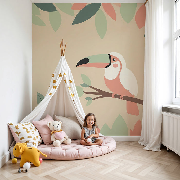 Papier peint chambre bébé | Toucan coloré parmi des feuilles douces