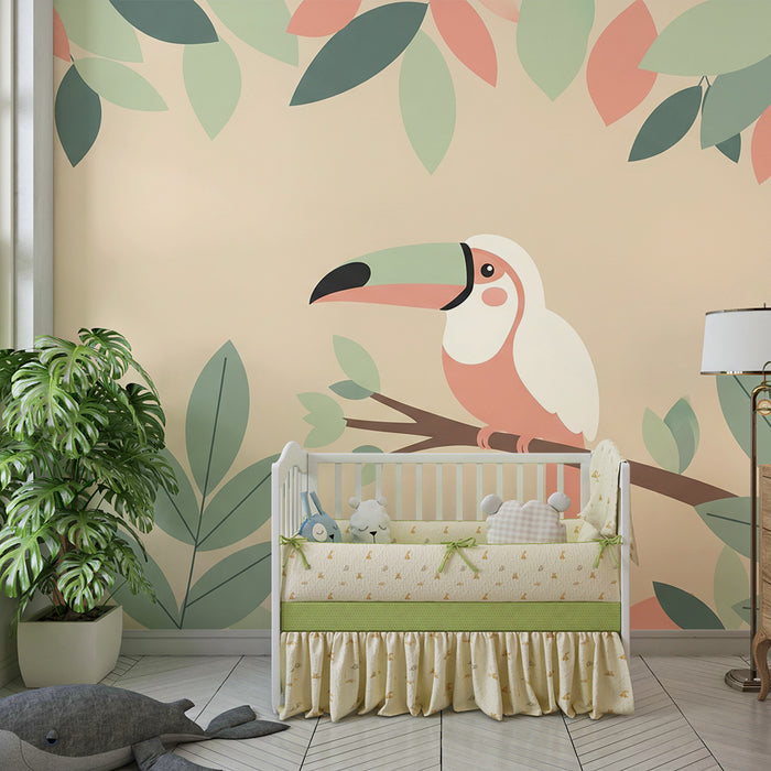 Papier peint chambre bébé | Toucan coloré parmi des feuilles douces
