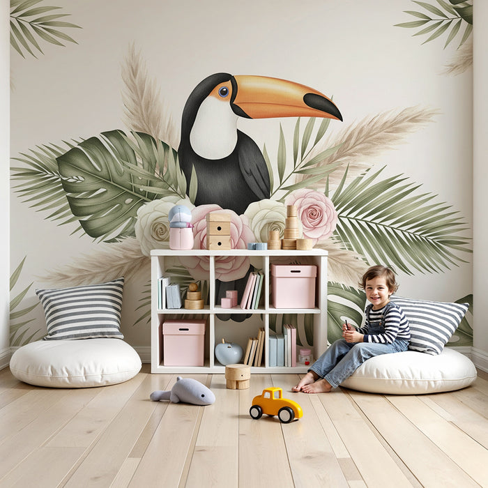 Papier peint chambre bébé | Toucan élégant entouré de fleurs et de feuillage tropical
