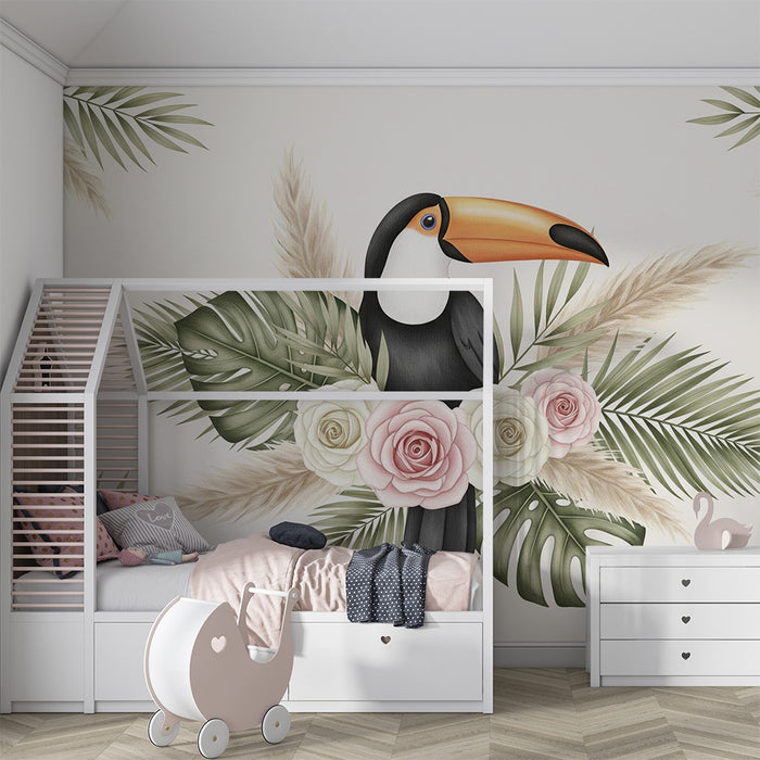 Papier peint chambre bébé | Toucan élégant entouré de fleurs et de feuillage tropical