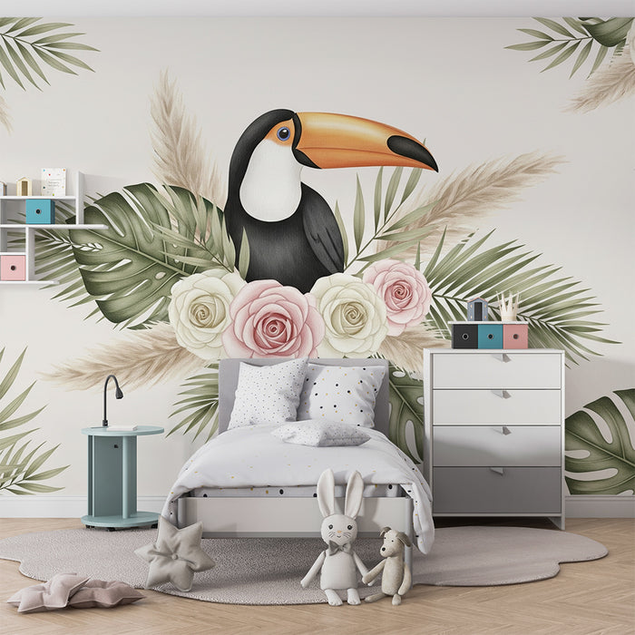 Papier peint chambre bébé | Toucan élégant entouré de fleurs et de feuillage tropical