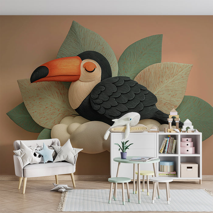 Papier peint chambre bébé | Toucan paisible sur un nuage avec feuillage tropical