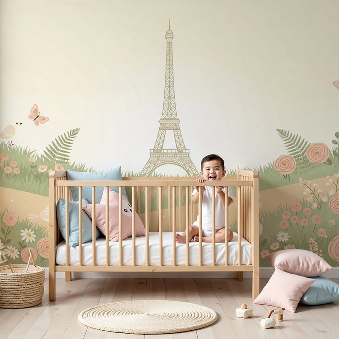 **French (original):**
Papier peint chambre bébé | Tour Eiffel entourée de fleurs et de papillons

**Greek (translated):**
Ταπετσαρία δωματίου μωρού | Πύργος του Άιφελ με λουλούδια και πεταλούδες γύρω του