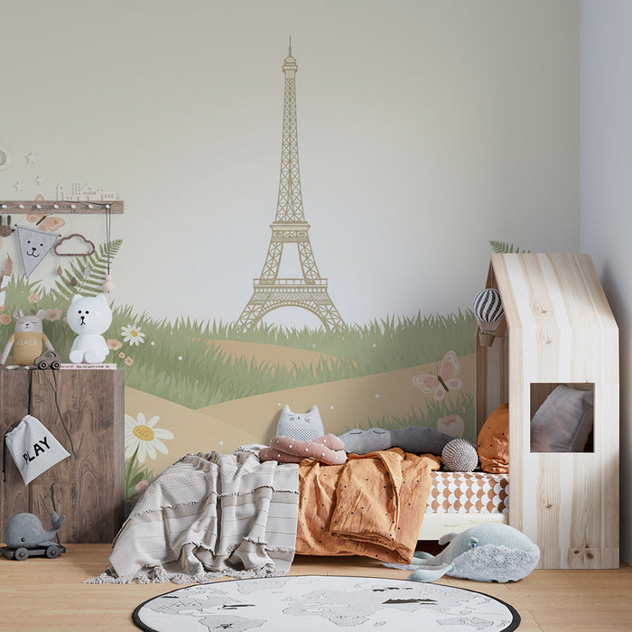 **French (original):**
Papier peint chambre bébé | Tour Eiffel entourée de fleurs et de papillons

**Greek (translated):**
Ταπετσαρία δωματίου μωρού | Πύργος του Άιφελ με λουλούδια και πεταλούδες γύρω του