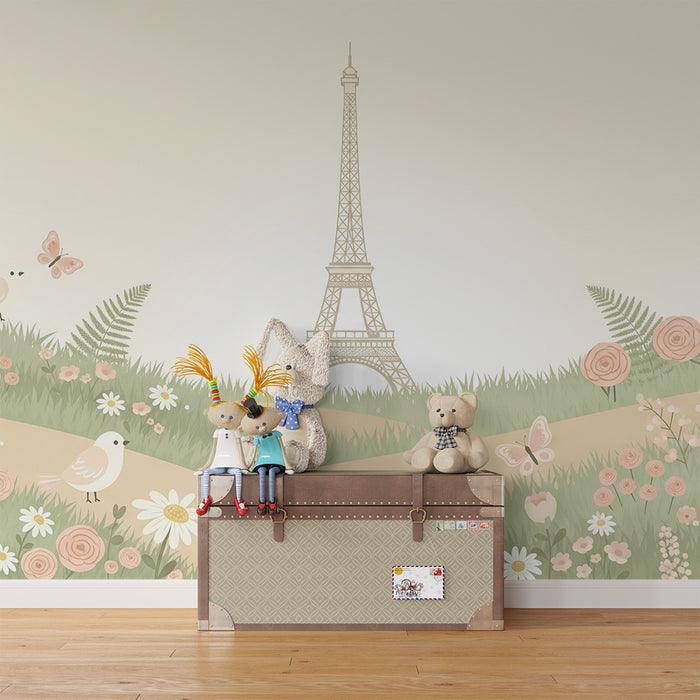 **French (original):**
Papier peint chambre bébé | Tour Eiffel entourée de fleurs et de papillons

**Greek (translated):**
Ταπετσαρία δωματίου μωρού | Πύργος του Άιφελ με λουλούδια και πεταλούδες γύρω του