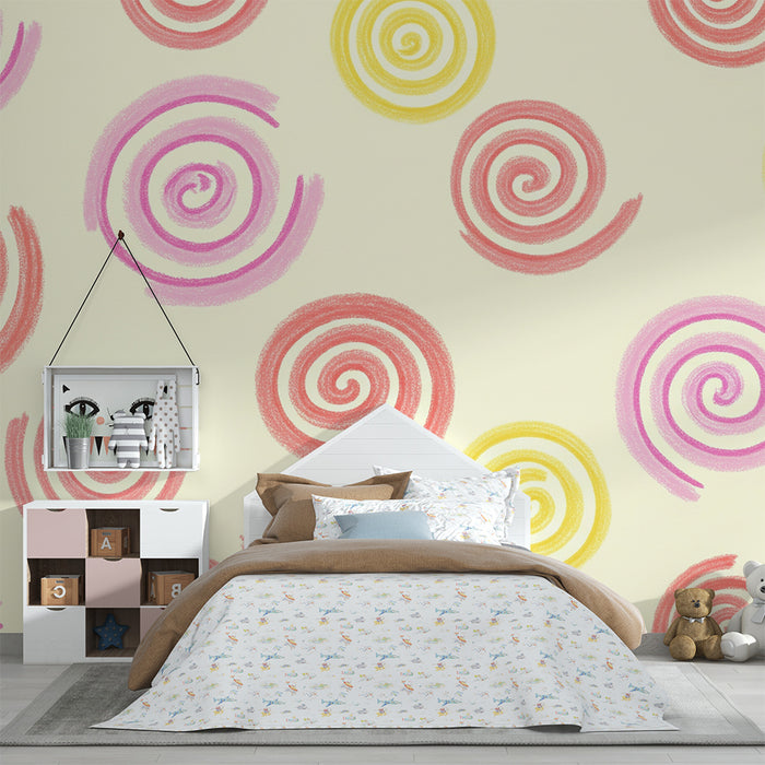 Babykamer behang | Kleurrijke werveling op zachte achtergrond