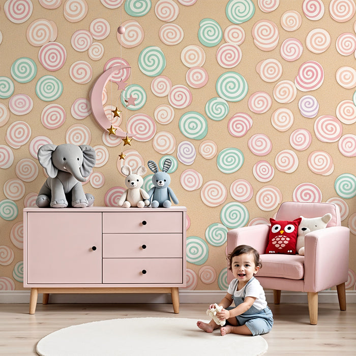 Papier peint chambre bébé | Tourbillon de bonbons pastel sur fond doux
