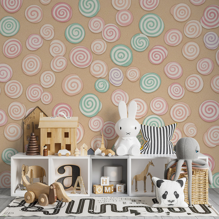 Papier peint chambre bébé | Tourbillon de bonbons pastel sur fond doux