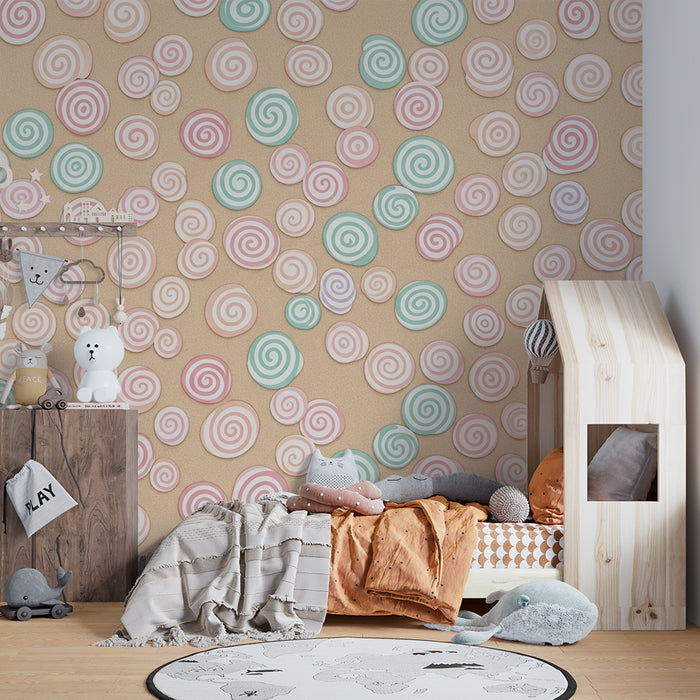 Papier peint chambre bébé | Tourbillon de bonbons pastel sur fond doux