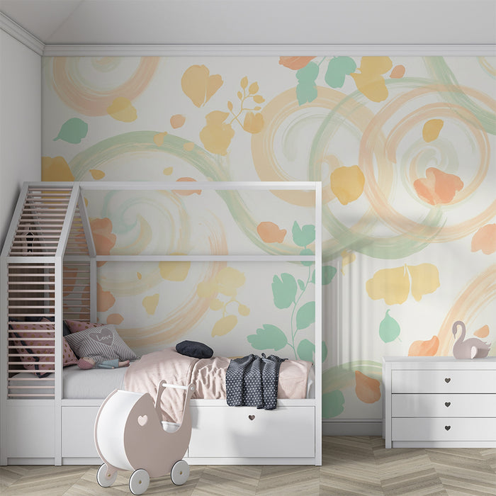Babykamer behang | Pastelbladeren en delicate bloemenpatronenwerveling