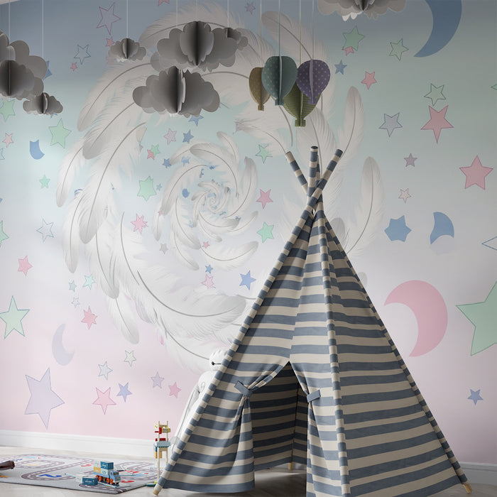 Papel de parede quarto bebê | Turbilhão de penas e estrelas pastel