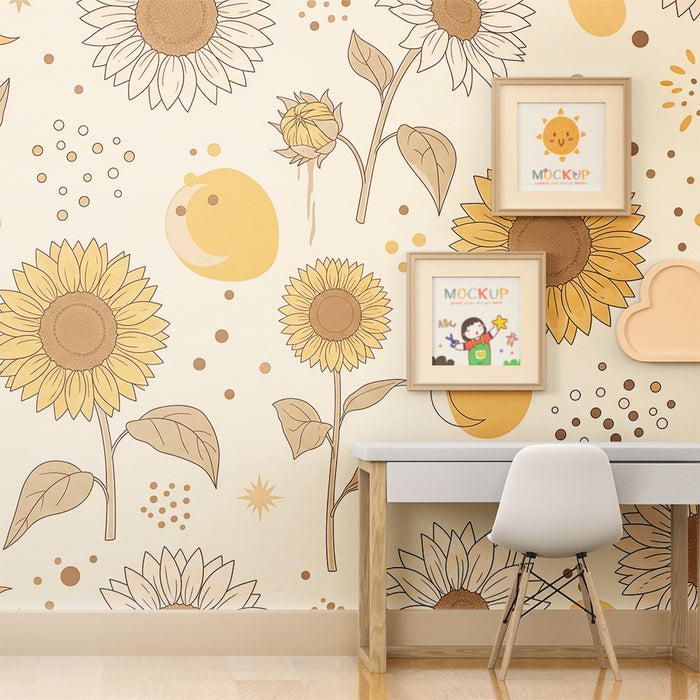 Børneværelse tapet | Solsikker og bløde mønstre på en cremefarvet baggrund