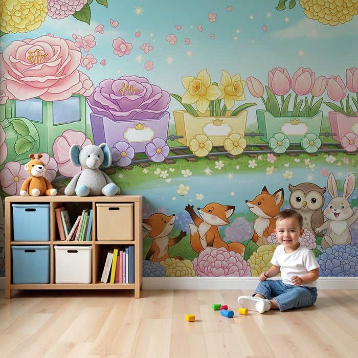 Babyzimmer Tapete | Bunter Zug mit Tieren und bezaubernden Blumen