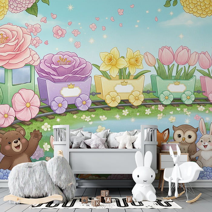 Babyzimmer Tapete | Bunter Zug mit Tieren und bezaubernden Blumen