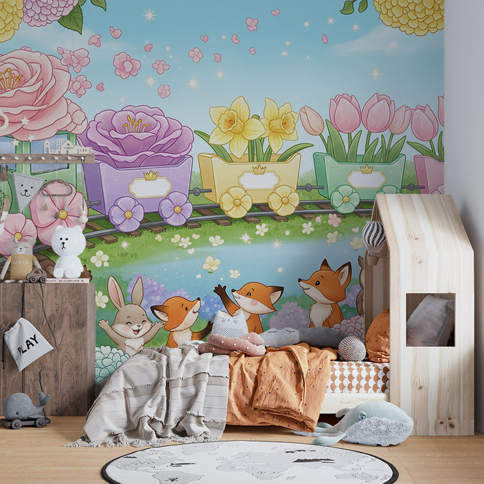 Babyzimmer Tapete | Bunter Zug mit Tieren und bezaubernden Blumen