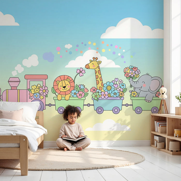 Nursery room wallpaper | Színes vonat állatokkal és vidám virágokkal