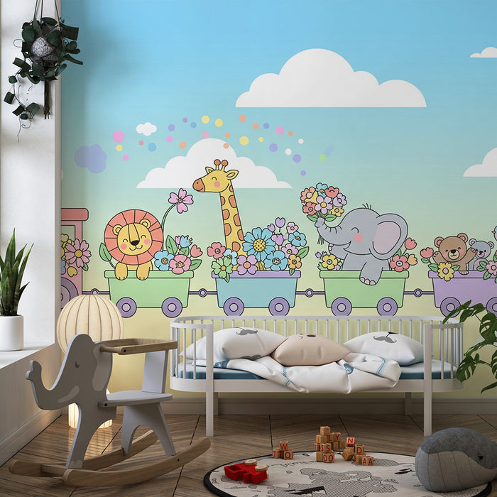 Nursery room wallpaper | Színes vonat állatokkal és vidám virágokkal