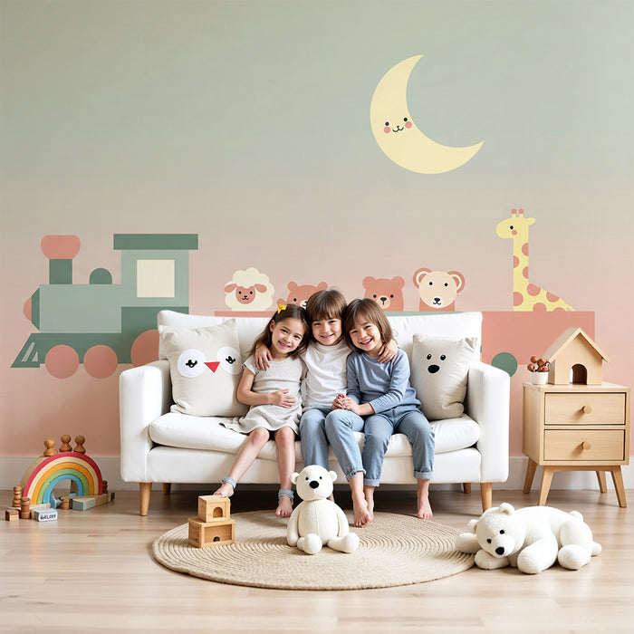 Tapet barnerom | Fargerikt tog med søte dyr under månen