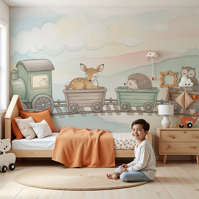 Papier peint chambre bébé | Train coloré avec des animaux adorables