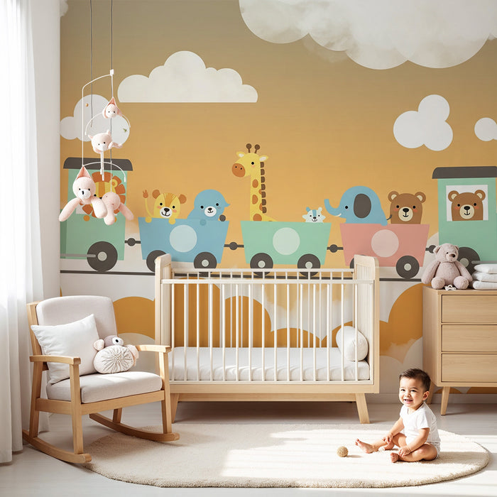 Tapéta gyerekszobába | Vidám állatokkal díszített színes vonat a felhők között
