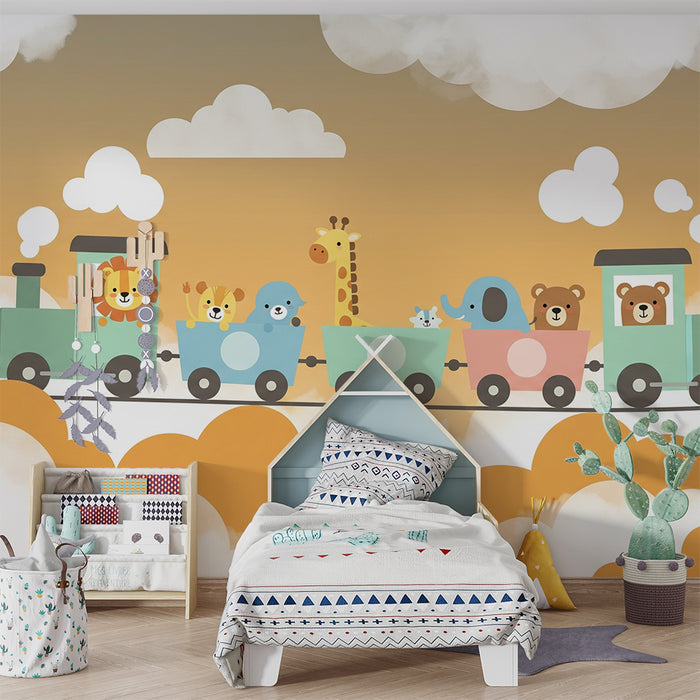 Tapéta gyerekszobába | Vidám állatokkal díszített színes vonat a felhők között