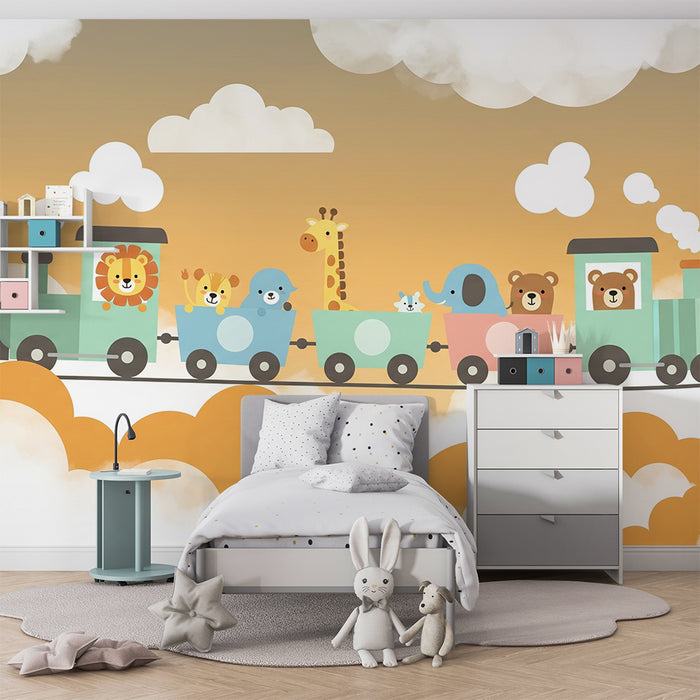 Tapéta gyerekszobába | Vidám állatokkal díszített színes vonat a felhők között