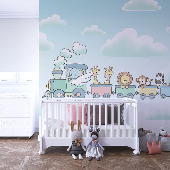 Papel de parede quarto bebê | Цветен влак с мили животни в облаците