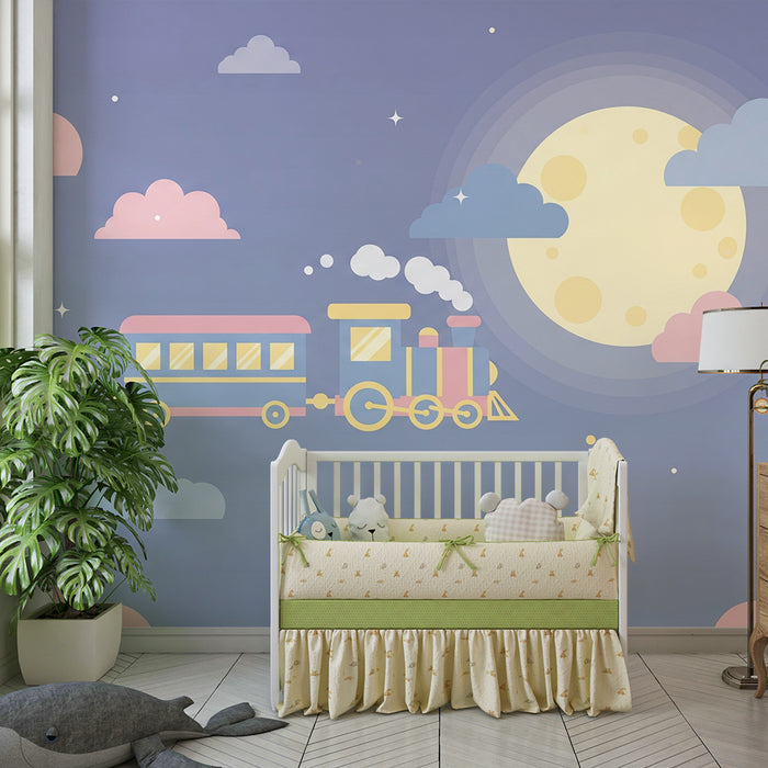 Papel de parede quarto bebê | Trem colorido em um céu estrelado com lua e nuvens