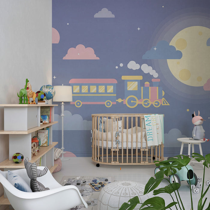 Papel de parede quarto bebê | Trem colorido em um céu estrelado com lua e nuvens