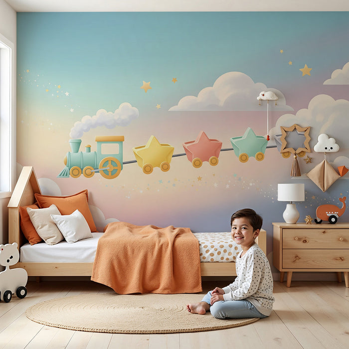 Papel de parede quarto bebê | Πολύχρωμο τρένο σε αστερόσκονη και συννεφιασμένο ουρανό