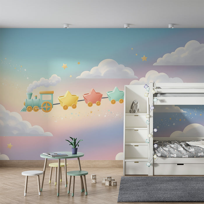 Papel de parede quarto bebê | Πολύχρωμο τρένο σε αστερόσκονη και συννεφιασμένο ουρανό