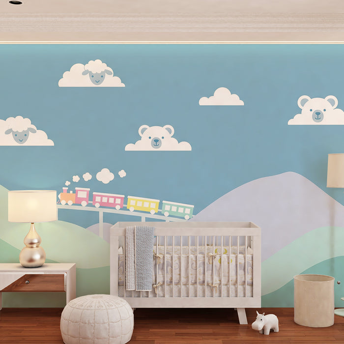 Χαρτί τοίχου βρεφικού δωματίου | Πολύχρωμο τρένο και ζώα σε ήπιο τοπίο