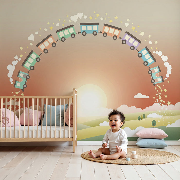 Børneværelse tapet | Farverig tog under en regnbue af drømme