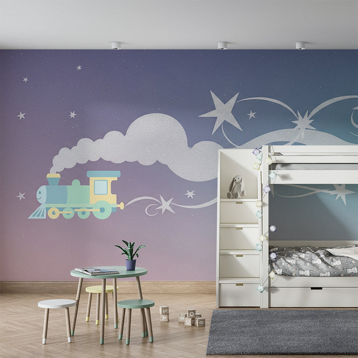 Babyzimmer Tapete | Bunter Zug, der durch die Sterne reist