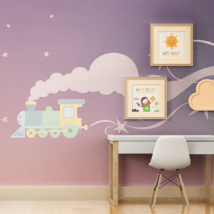 Babyzimmer Tapete | Bunter Zug, der durch die Sterne reist