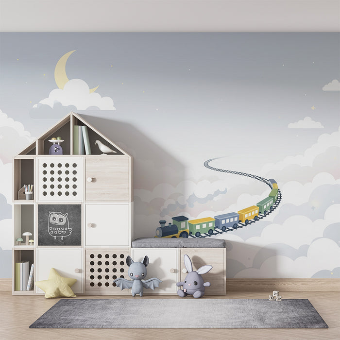 Papel de parede quarto bebê | Comboio colorido a viajar através das nuvens