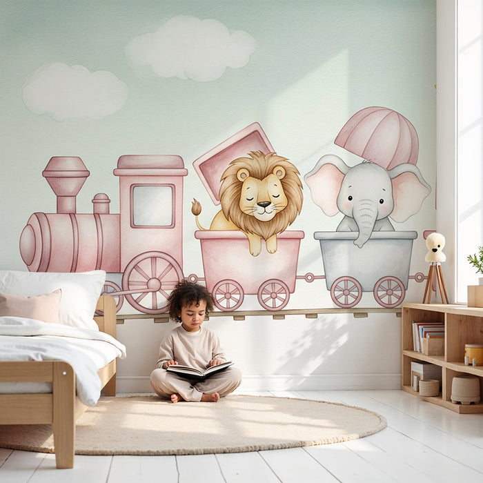Χαρτί τοίχου για το δωμάτιο του μωρού | Τρένο γλυκών ζώων