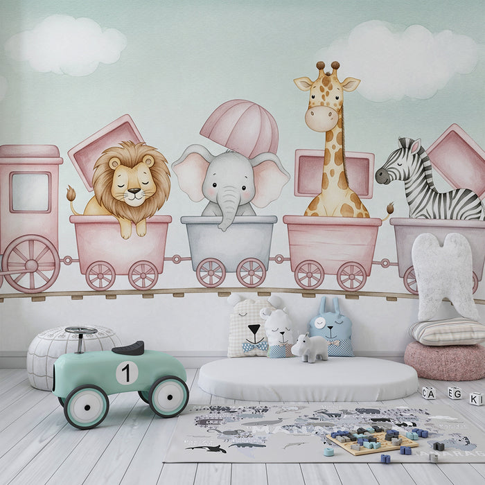 Χαρτί τοίχου για το δωμάτιο του μωρού | Τρένο γλυκών ζώων
