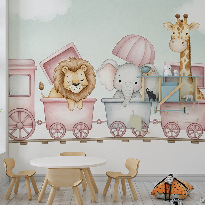 Χαρτί τοίχου για το δωμάτιο του μωρού | Τρένο γλυκών ζώων