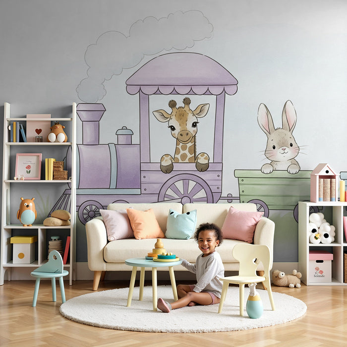 Χαρτί τοίχου για το δωμάτιο του μωρού | Τρένο με μαγικά ζωάκια