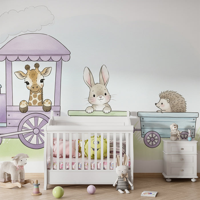 Χαρτί τοίχου για το δωμάτιο του μωρού | Τρένο με μαγικά ζωάκια