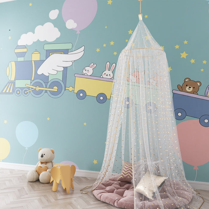 Lastenhuoneen tapetti | Iloinen juna eläimillä ja värikkäillä ilmapalloilla