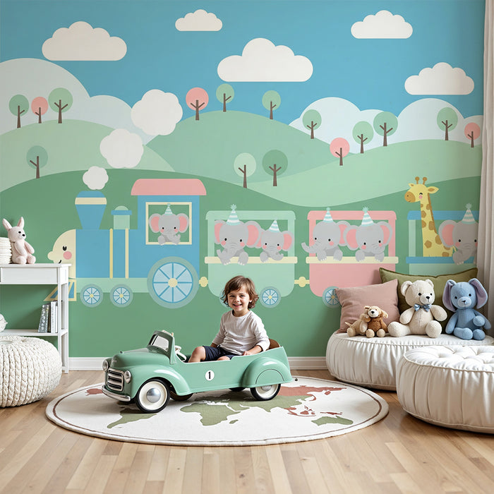 Papel de parede quarto bebê | Comboio alegre com elefantes e girafas coloridas